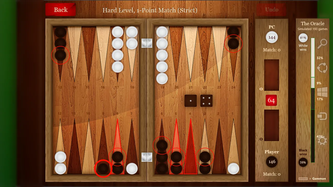 Backgammon Pro: A match in progress with the Oracle probability panel