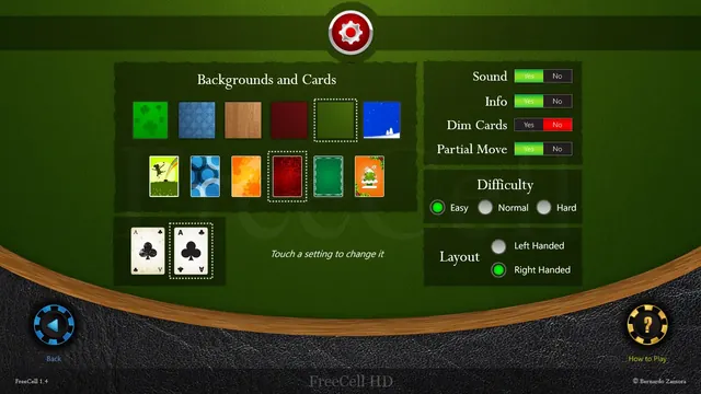 FreeCell HD: Settings: backgrounds, cards, difficulty and layout