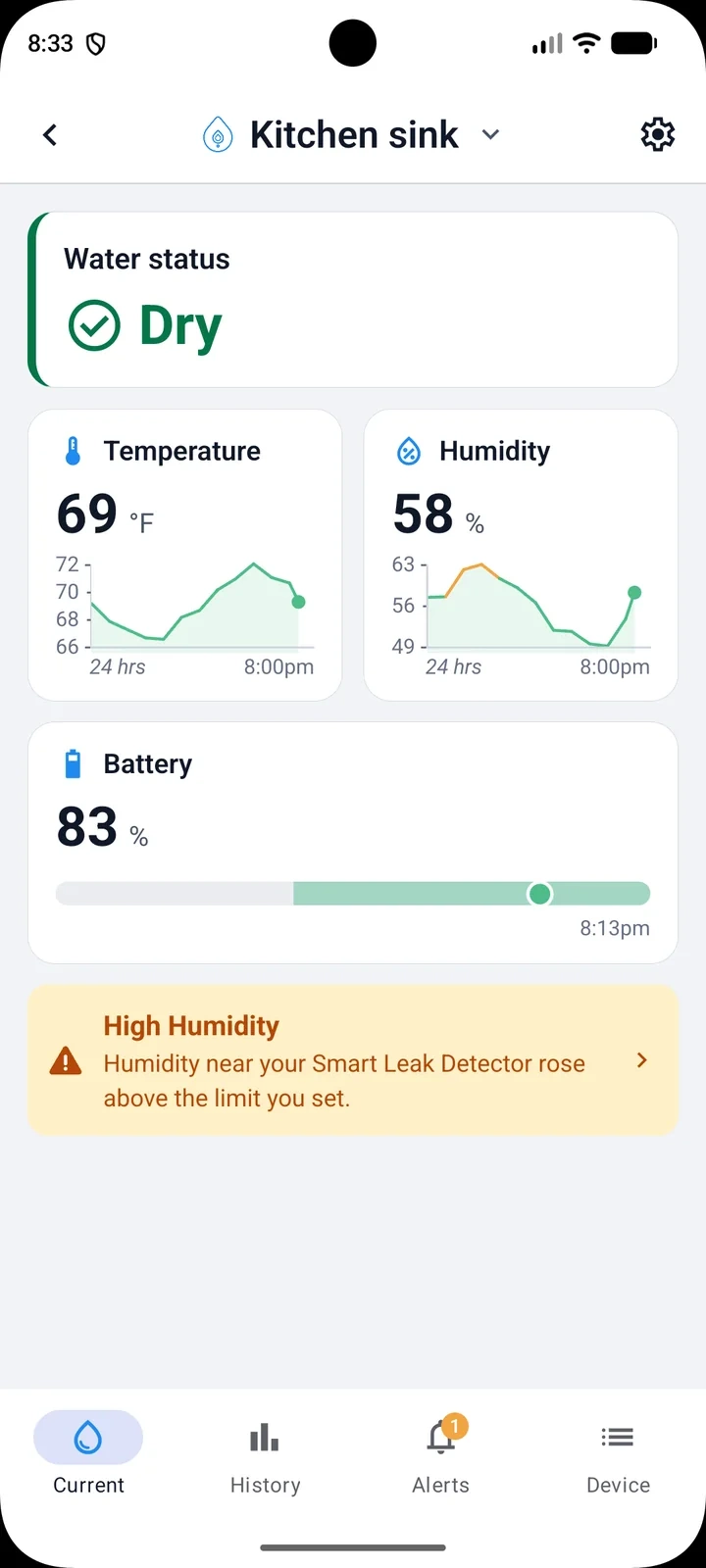 PipePulse leak detector screen with water status, temperature, humidity and battery