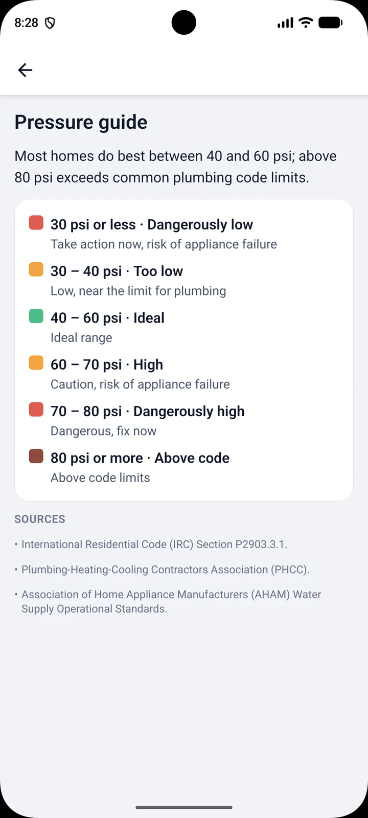 PipePulse screenshot: Pressure guide. What the colors mean