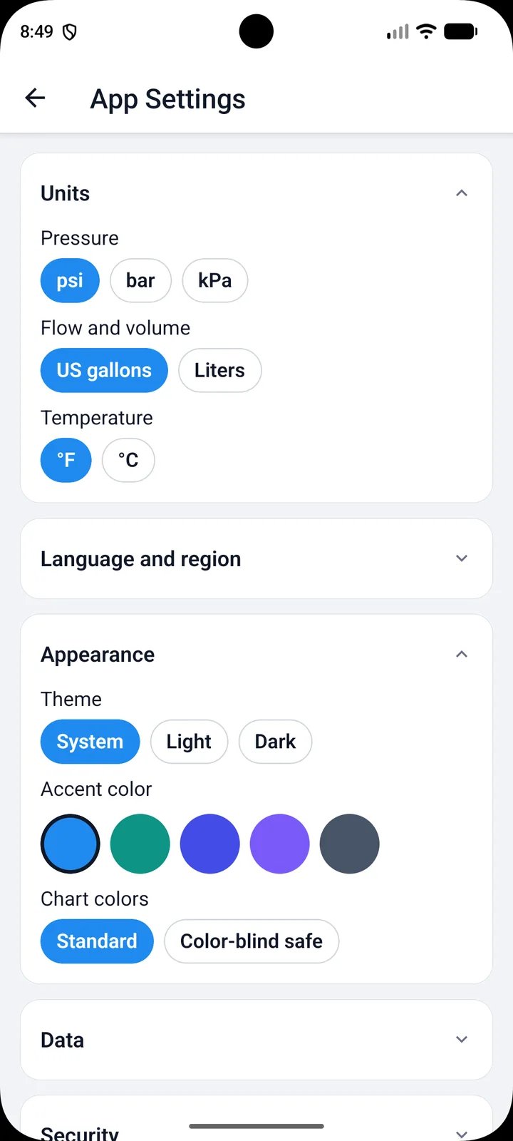 PipePulse screenshot: Settings. Units, theme and color-blind safe charts