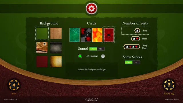 Spider Solitaire HD: Settings: backgrounds, cards and number of suits